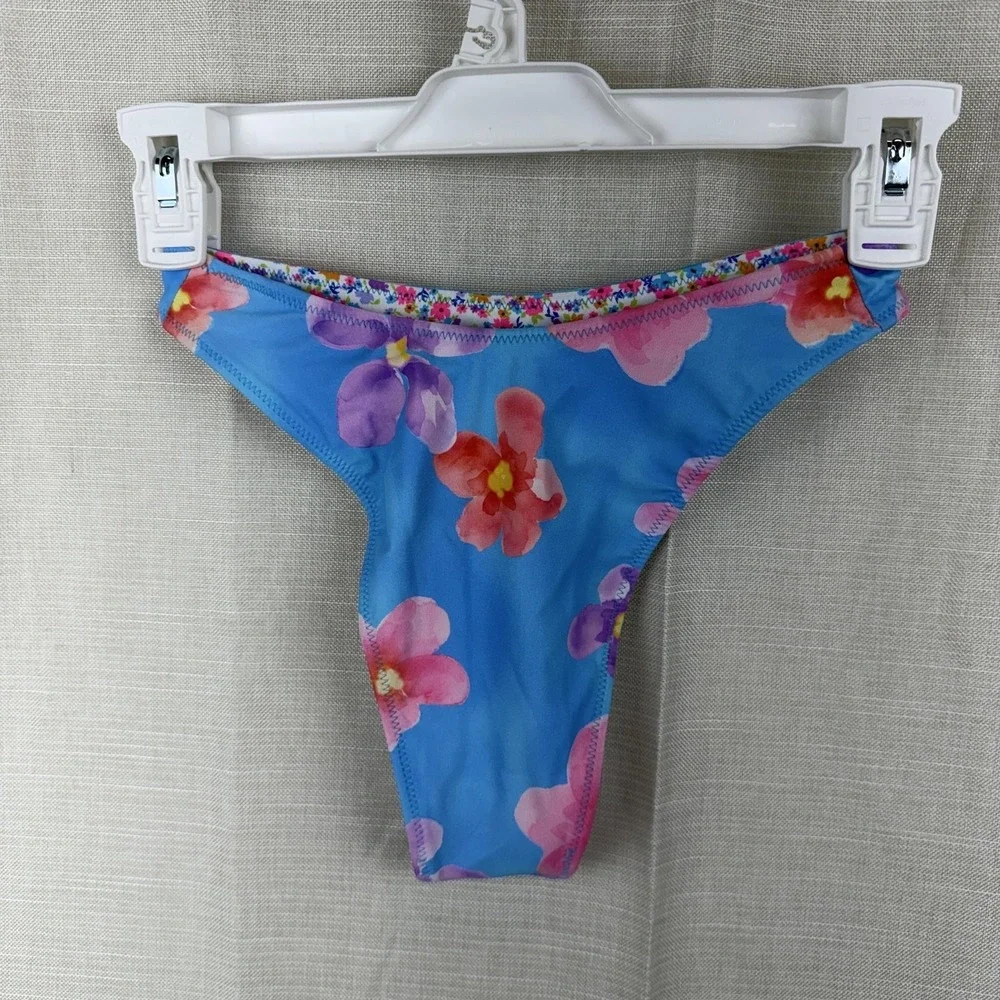 Wild‎ Fable Bikini Bottom Womens XXS Blue Reversible Floral Swim High Leg Cheeky